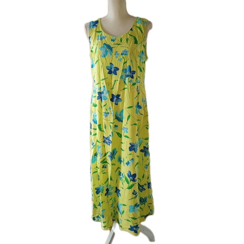Vintage 90s Dress Large Neon Green Yellow Blue Floral Long Summer Cottagecore